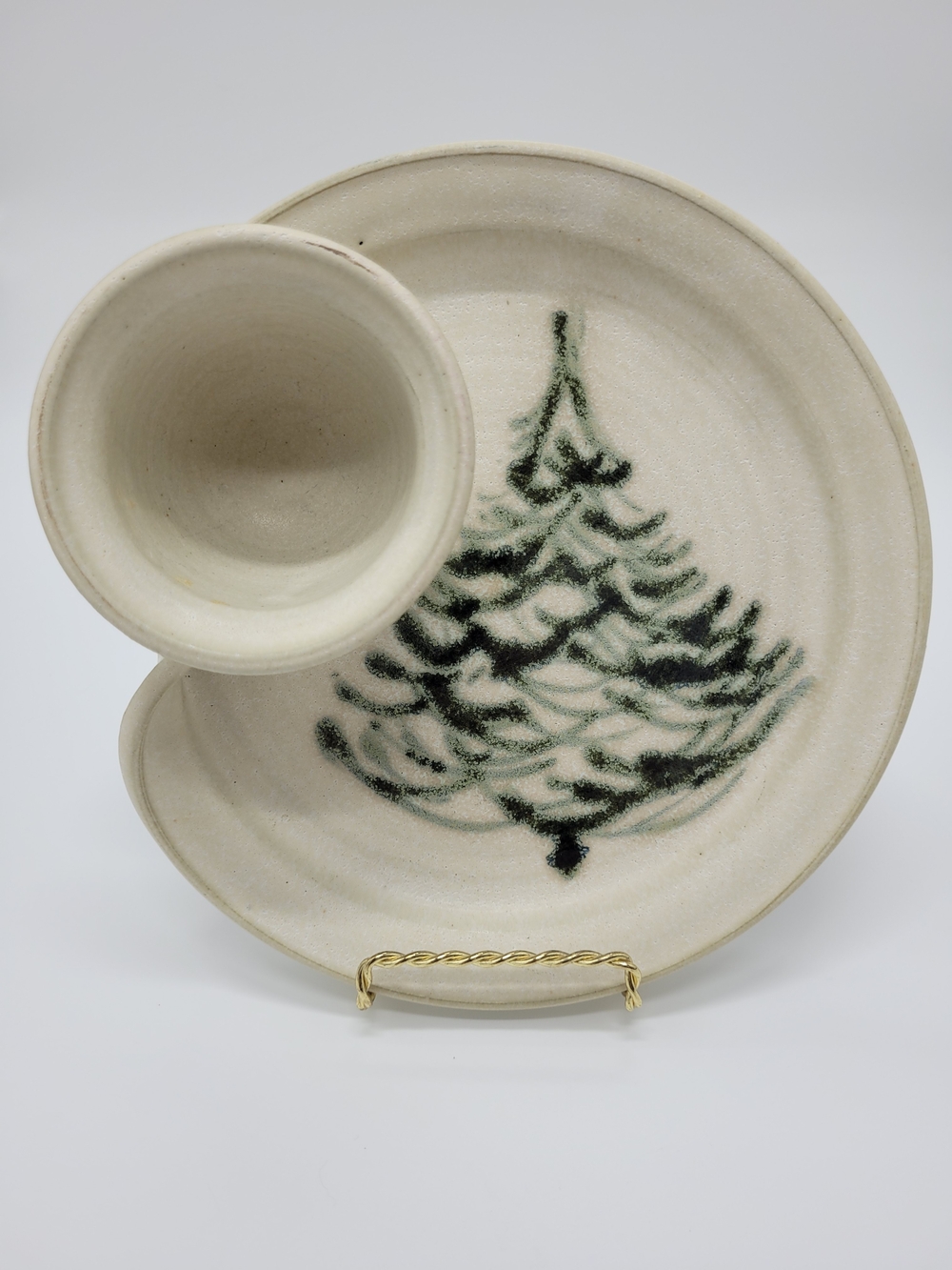 Signed Studio Pottery Handmade Plate Attached Cup Pine Tree Motif Cream Green